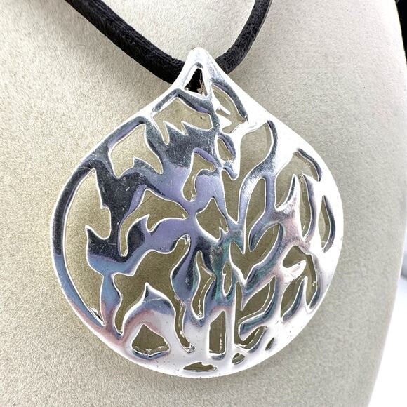 18” Fossil Dark Brown Leather Cord Abstract Silver Tone Pendant Necklace - Picture 3 of 6